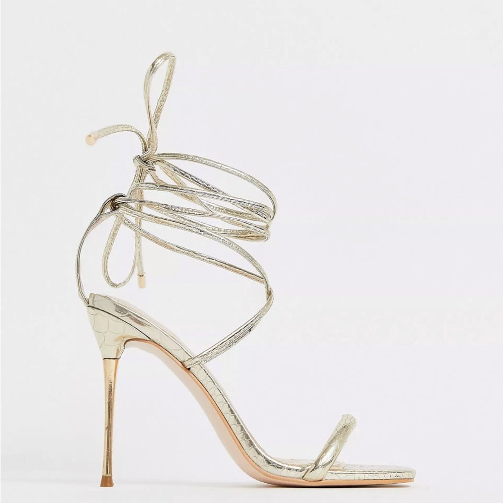 Gold croc ankle tie heeled sandals size US 7 NWT